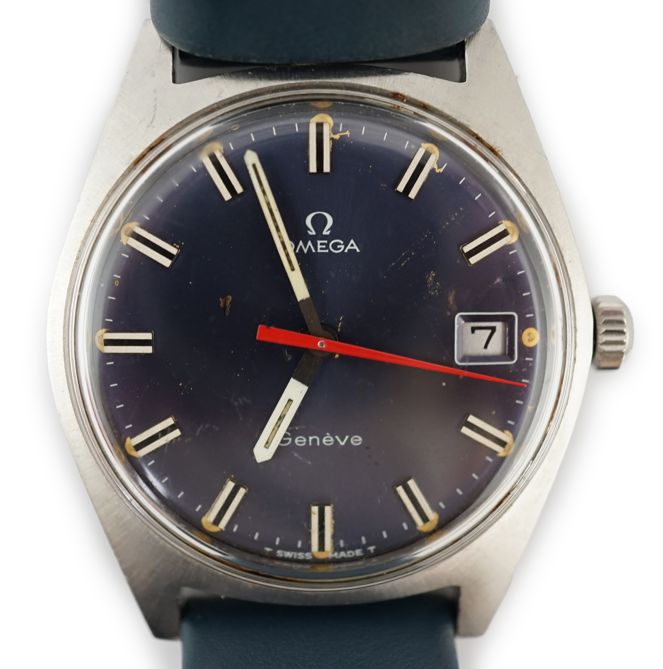 A gentleman's late 1960's stainless steel Omega manual wind wrist watch, with blue dial and red sweep seconds hand, movement c.618, on an associated strap